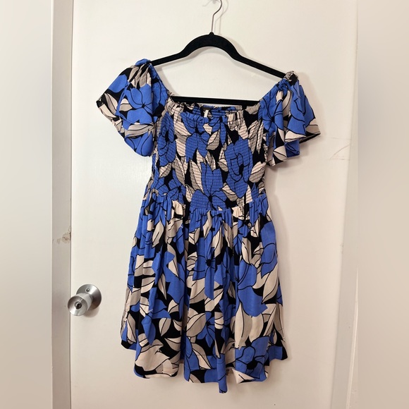 Free People Louise Floral Off The Shoulder Smocked Bodice Mini Dress XS Blue - Picture 8 of 10